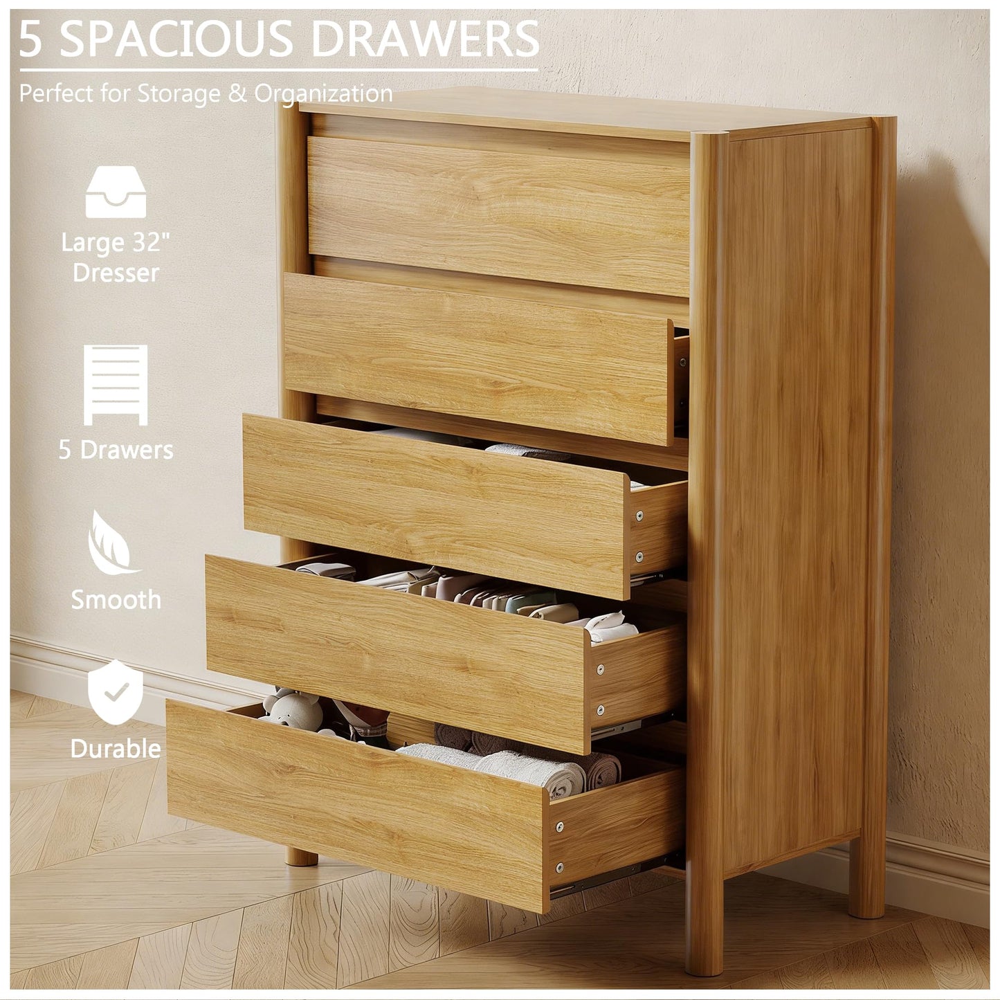HOUROM 45" Tall 5-Drawer Dresser for Bedroom, Mid-Century Modern Chest with Solid Wood Legs, Concealed Handle,Large Wood Storage Organizer, Bedroom Storage,Oak