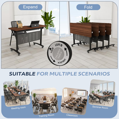 Usosidam 47.2" Folding Conference Tables, Modular Conference Room Table with Silent Lockable Wheels, Flip Top Training Table,for Office Classroom Seminar, for 6-12 Person, Walnut 2, 8 Pack