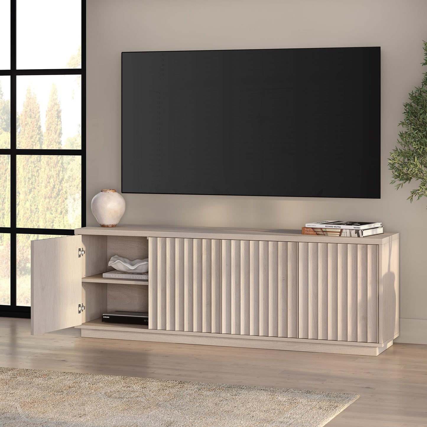 Henn&Hart Fluted TV Stand for TVs up to 75'' 2 Ribbed Storage Cabinets and Adjustable Shelves for Living Room, Family Room, or Office, Alder White