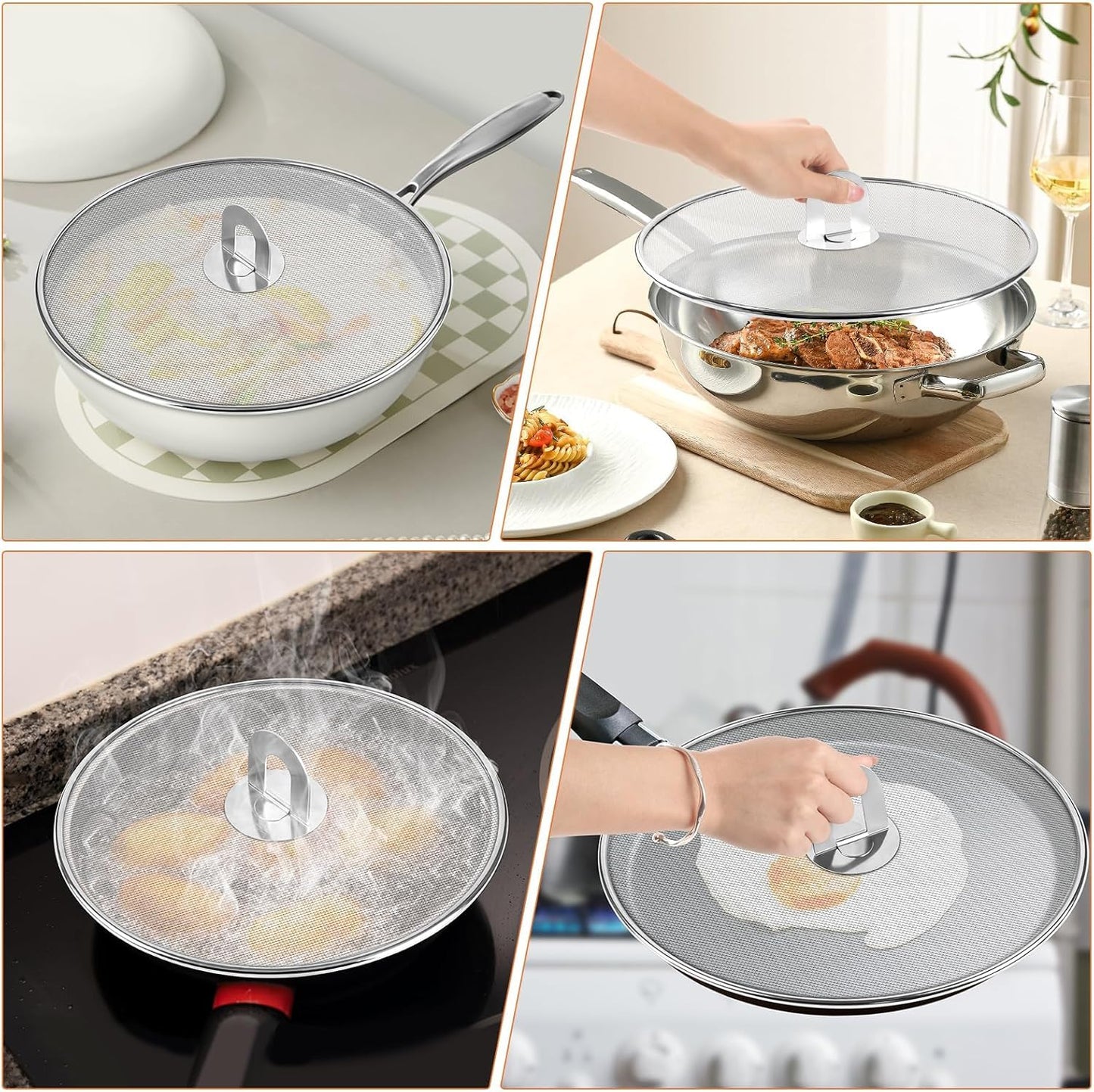 PLACHIDAY Splatter Screen for Cooking - Stainless Steel Grease Splatter Guard for Frying Pan with Foldable Knob, As a Strainer Set of 3(10", 11.5", 13"), Dishwasher Safe