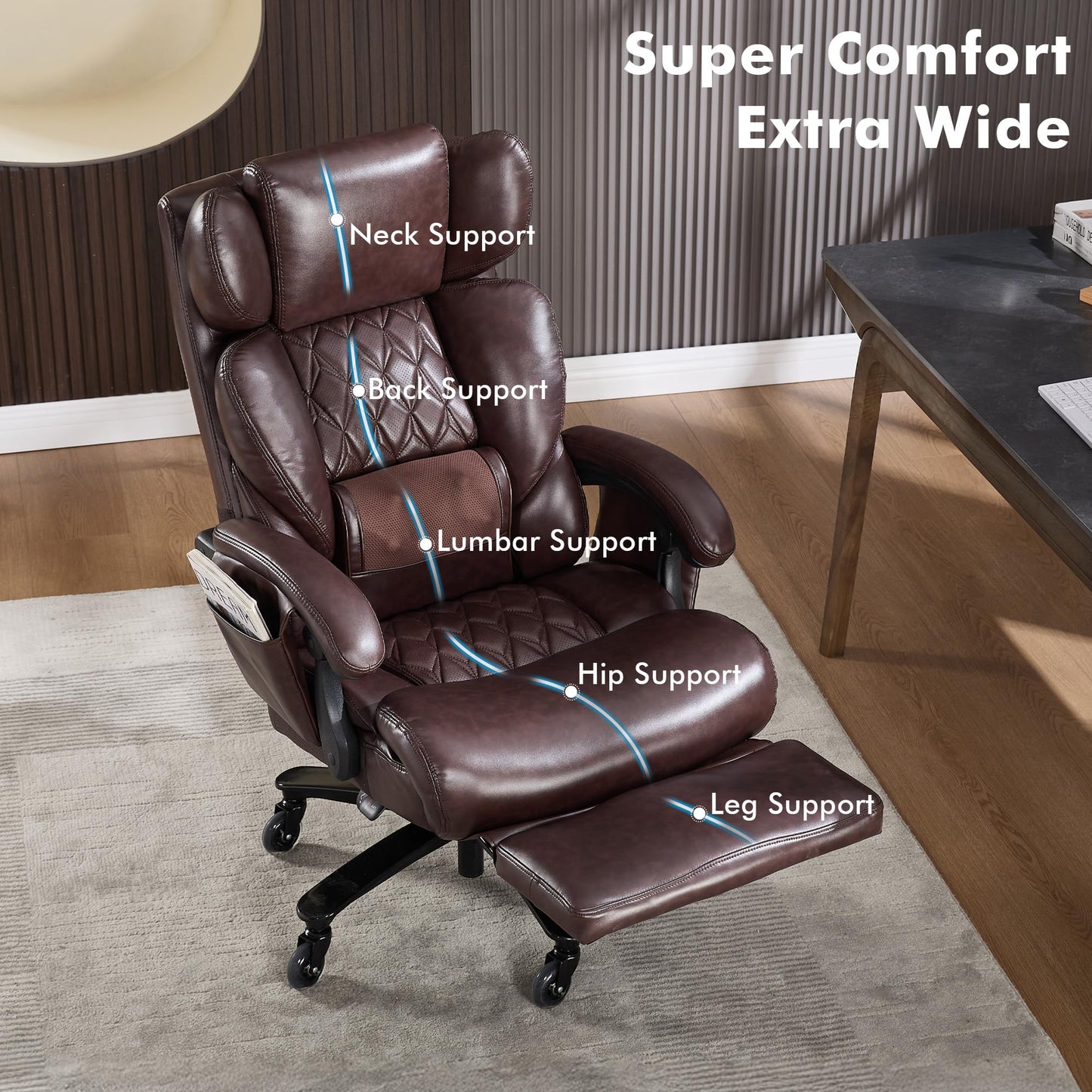 Big and Tall Ergonomic Office Chair with Footrest, Massage Cushion, Heavy Duty Lumbar Support Executive Desk Chair with Adjustable Headrest, High Back Reclining Computer Chair 500lbs, Leather, Brown