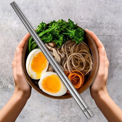 Youda 5 Pairs 99.8% Pure Titanium Chopsticks (9.45") - Extra Long Non-Roll Square Design & Grooved Grip - Lightweight 0.8oz, Flame Pattern - Dishwasher Safe for Asian Cuisine -Gift for Foodies(Silver)