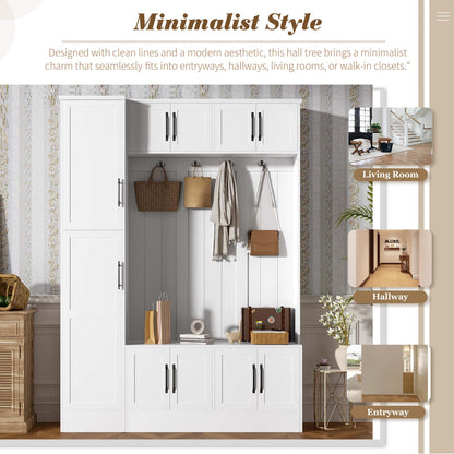 Shaical 79'' Tall Hall Tree with Shoe Storage and Bench, 4-in-1 Mudroom Storage Organizer Coat Rack with 6 Cabinets, 4 Coat Hooks & Adjustable Shelf for Hallway, Entryway, Living Room, White