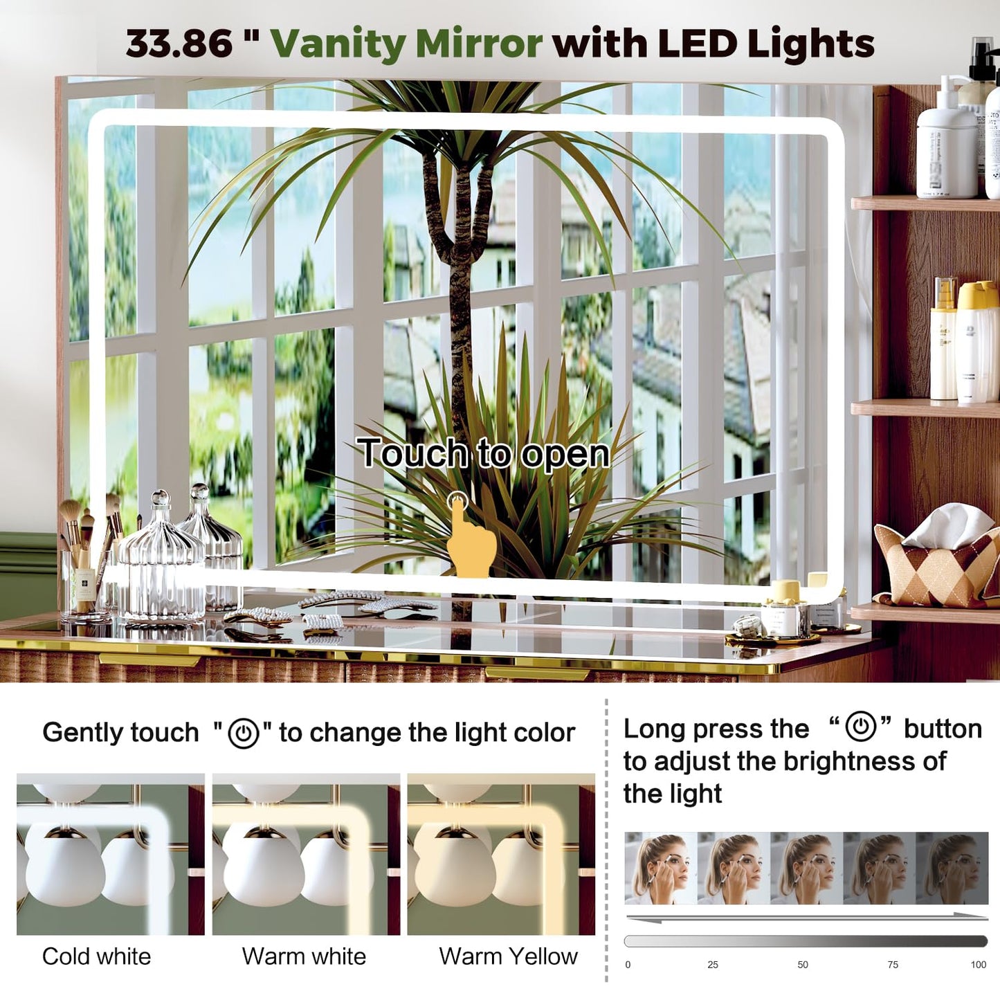 GRUTEUNIT 51" Vanity Desk with Power Outlet, Makeup Vanity with Mirror and Lights, 3 Lighting Modes, Vanity Table with Glass Top, 5 Drawers, and Jewelry Storage,Brown