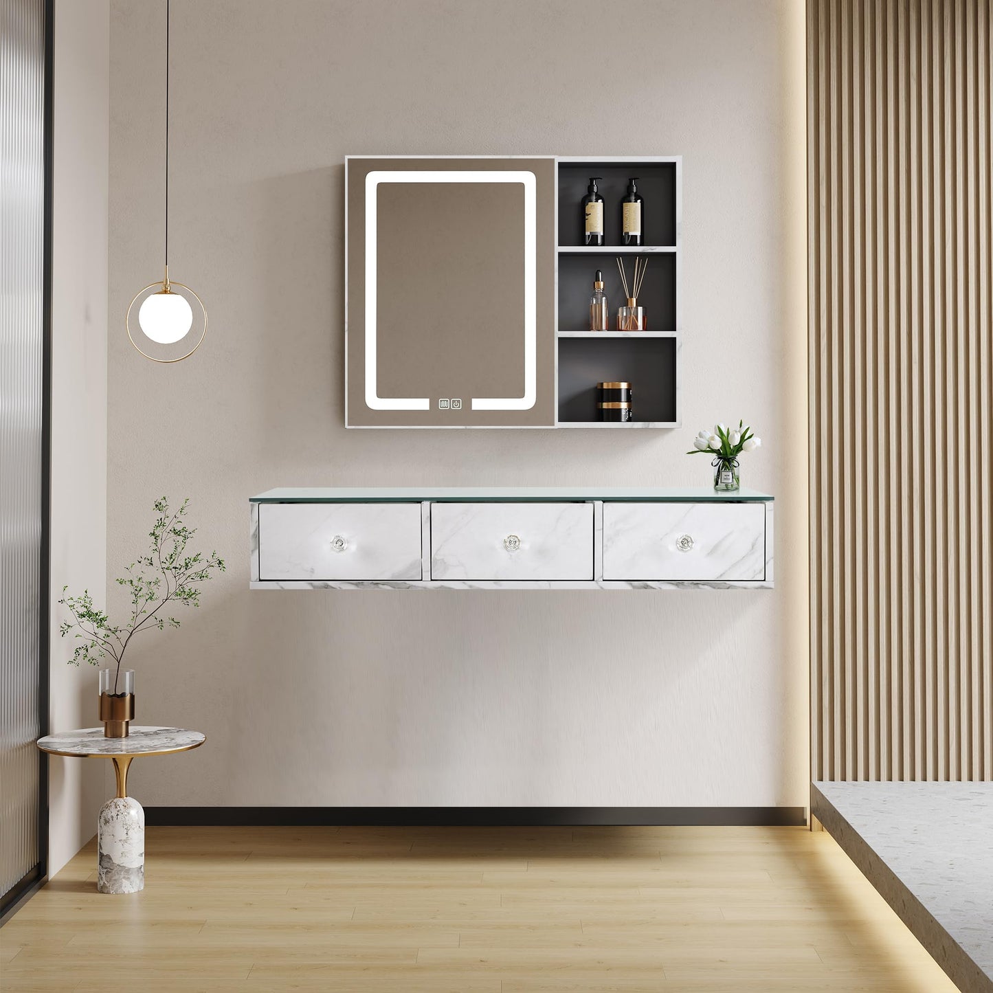 BarberPub Glass Top Wall Mount Station, Beauty Barber Spa Storage Cabinet with 3 Drawers, Minimalist Hair Salon Styling Equipment, Home & Bathroom Organizer 2200 (White)