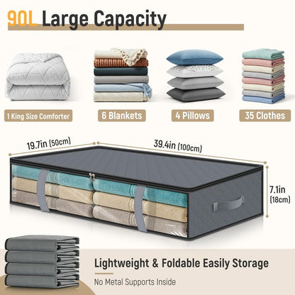LANDNEOO 4 Pack 90L Under Bed Storage Containers - Underbed Storage for Clothes, Blankets - Closet Organizers and Storage Bags - Under the Bed Storage Bins with Handles & Clear Front