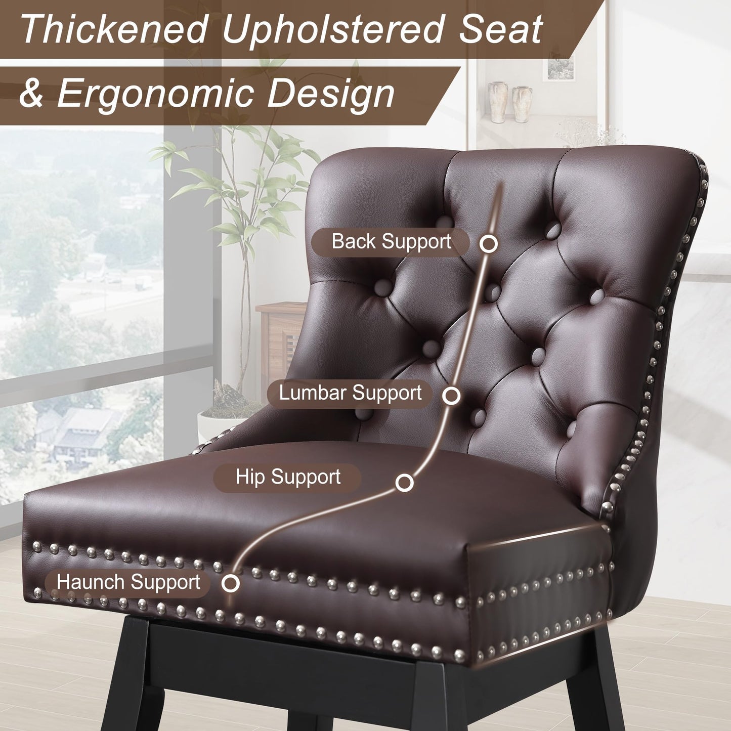 Fahomiss Brown Leather Swivel Bar Stools Set of 4 with Back, 26 Inch Counter Height Chairs, Solid Wood Legs, Tufted Seat, Comfortable and Stylish for Kitchen, Island, Home Bar（Brown, 4 Pack, 26" H）