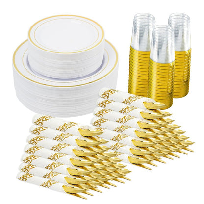 Fijinhom 350 Pieces Gold Disposable Plates for 50 Guests, Disposable Plastic Plates for Party, Wedding, Dinnerware Set of 50 Dinner Plates, 50 Salad Plates,50 Cups and 50 Paper Napkins, Gold