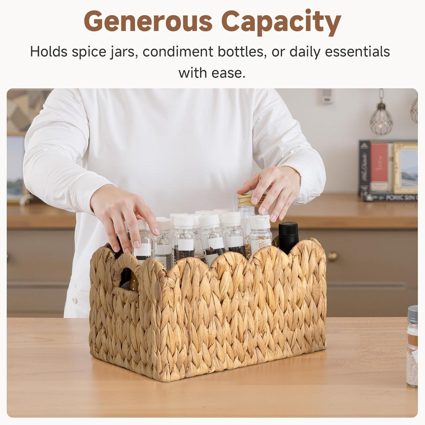 13"L 8"W 7"H StorageWorks Scalloped Water Hyacinth Baskets, Hand-woven Rattan Baskets with Built-in Handles, Cute Baby