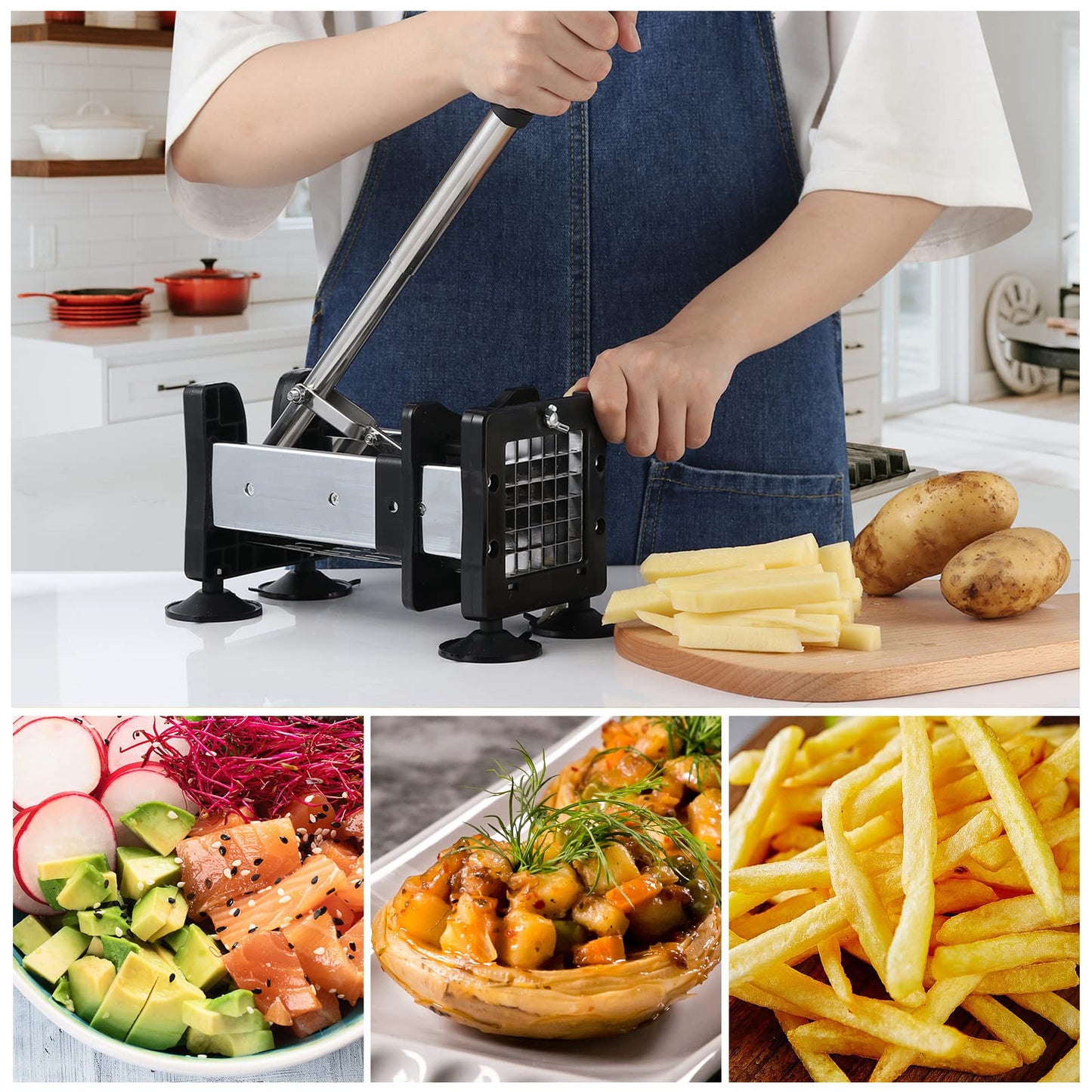Redhoney French Fry Cutter Stainless Steel Potato Cutter With 1/2" and 3/8" Commercial Grade Blades, Vegetable Cutter Chopper for Vegetables, Cucumbers, Potatoes
