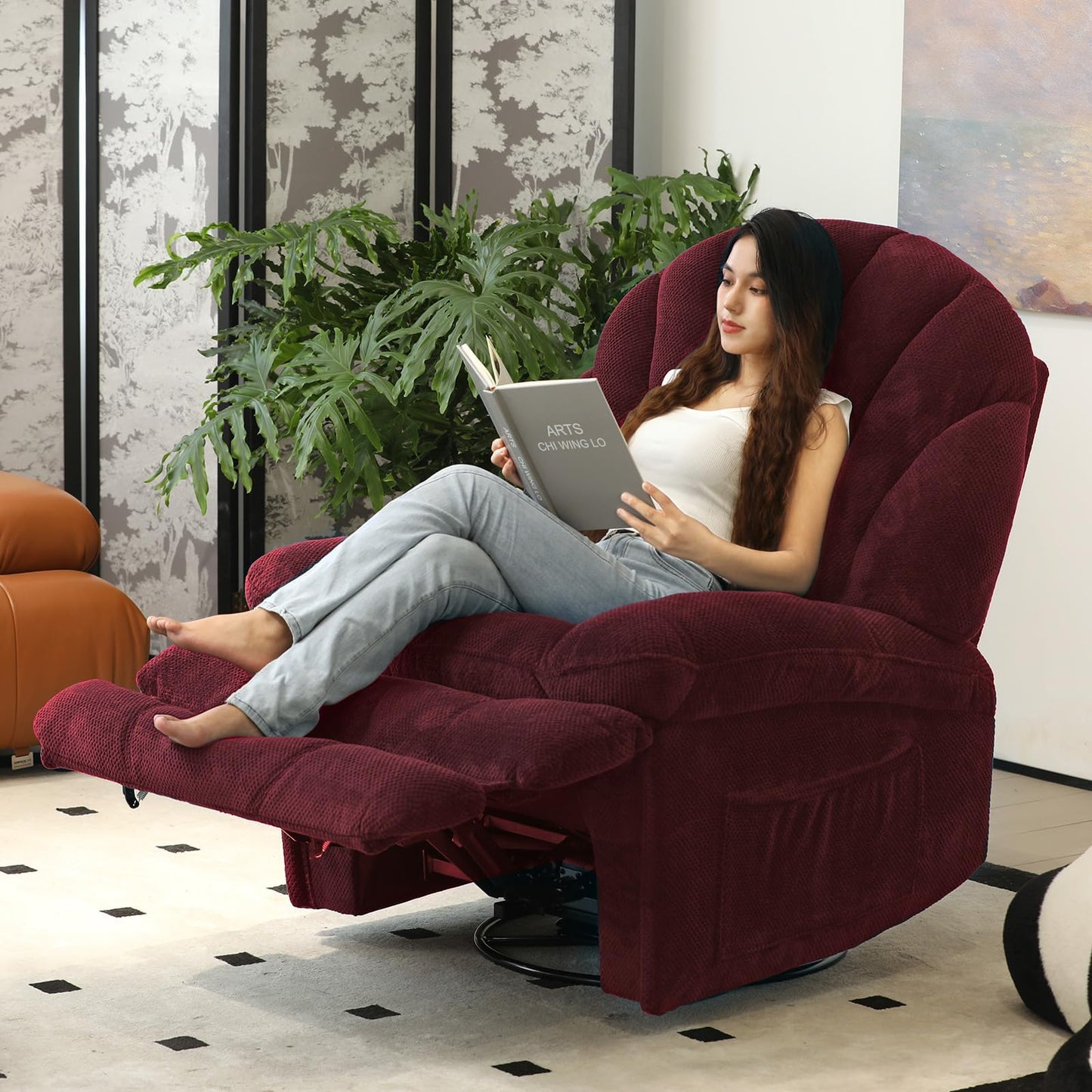 EONIX Dual Motor Power Swivel Rocker Recliner Chair for Living Room, Power Adjustable Backrest and Extended Footrest, Shell Shape Recliner Chair with USB Charging Ports, SXXY004021, Burgundy