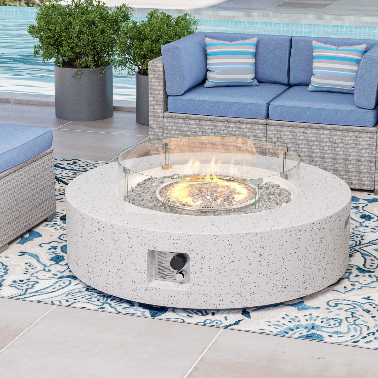 COSIEST Outdoor Propane Fire Pit Coffee Table w Terrazzo White 42 inch Round Base Patio Heater, Certified, 50,000 BTU Stainless Steel Burner, Wind Guard, Transparent Gray Fire Glass, Rain Cover