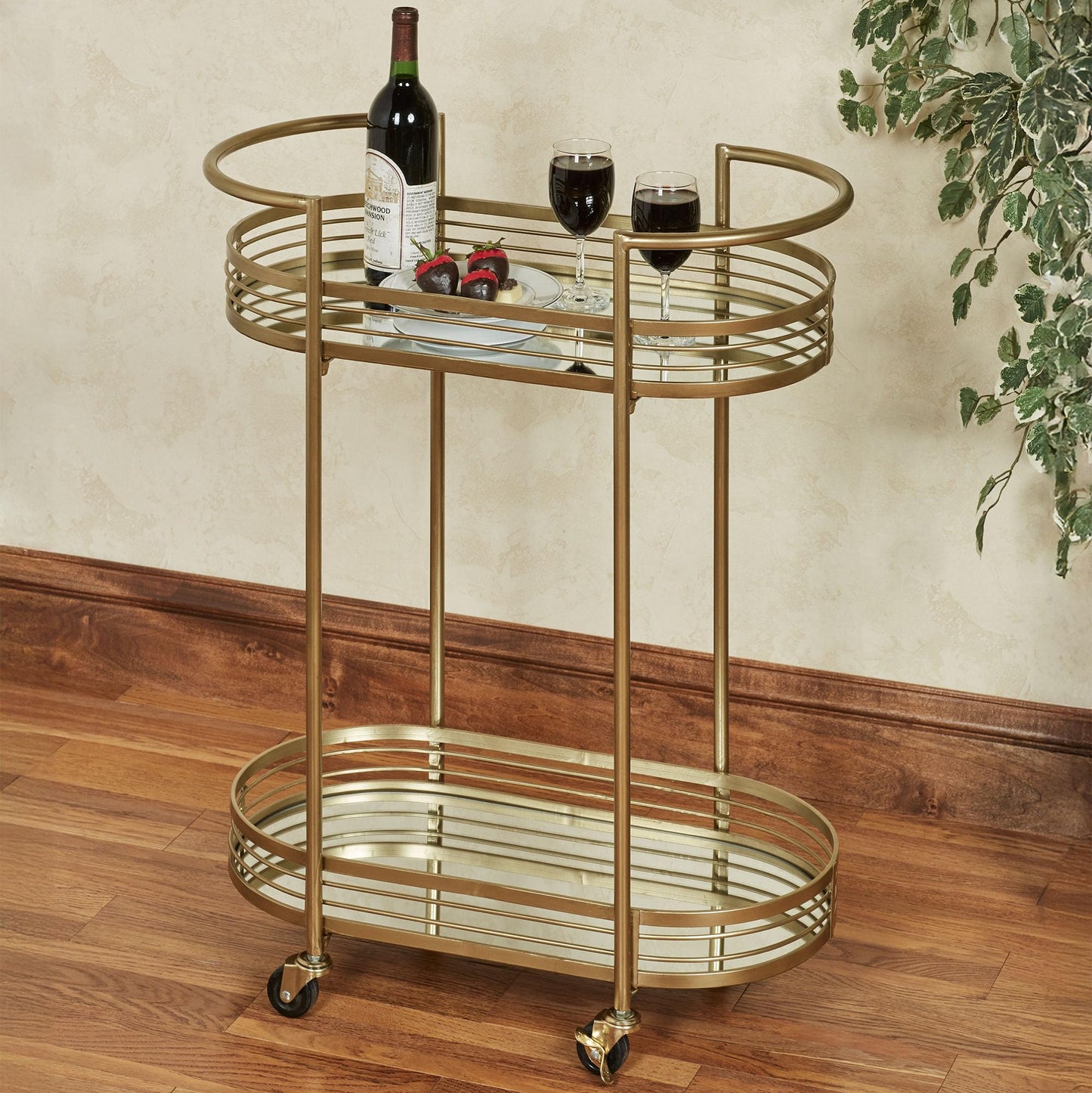Touch of Class Stylish Contemporary Delta Mirrored Rolling Serving Cart Locking Casters Gold