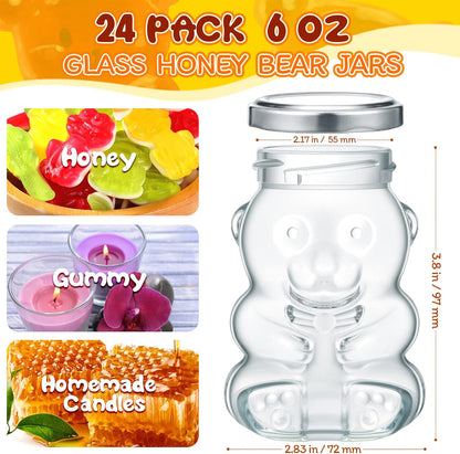 24 Pack 4 oz Patelai Glass Bear Shaped Honey Jars with Lids Reusable Small Tilted Bear Glass Bottles Containers