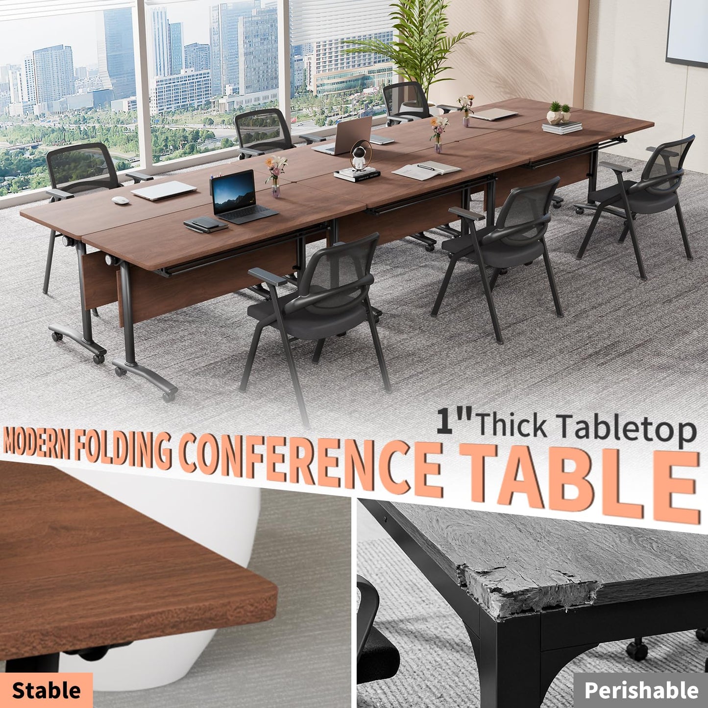 JNMDLAKO Modular Folding Conference Table with Locking Wheels, 10 Pack Flip Top Mobile Training Table, Modern Meeting Seminar Tables for Office, Hotel Conference Room(10,Walnut,71" L x 21" W x 29" H)