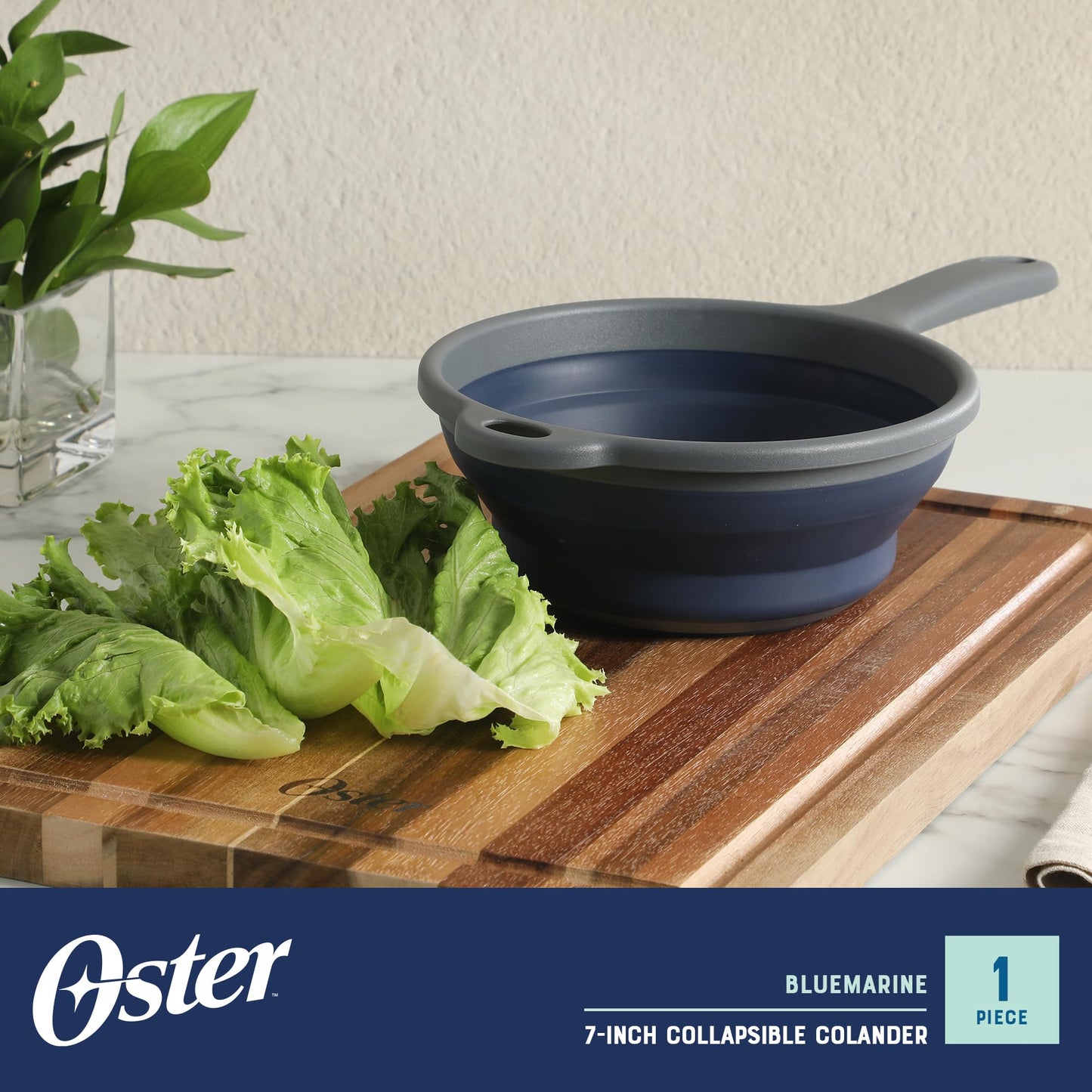 Oster Bluemarine Foldable Handled Strainer – 7-Inch Collapsible Colander for Pasta, Veggies, Fruits, Compact Kitchen Tool, Dishwasher Safe, Blue/Grey
