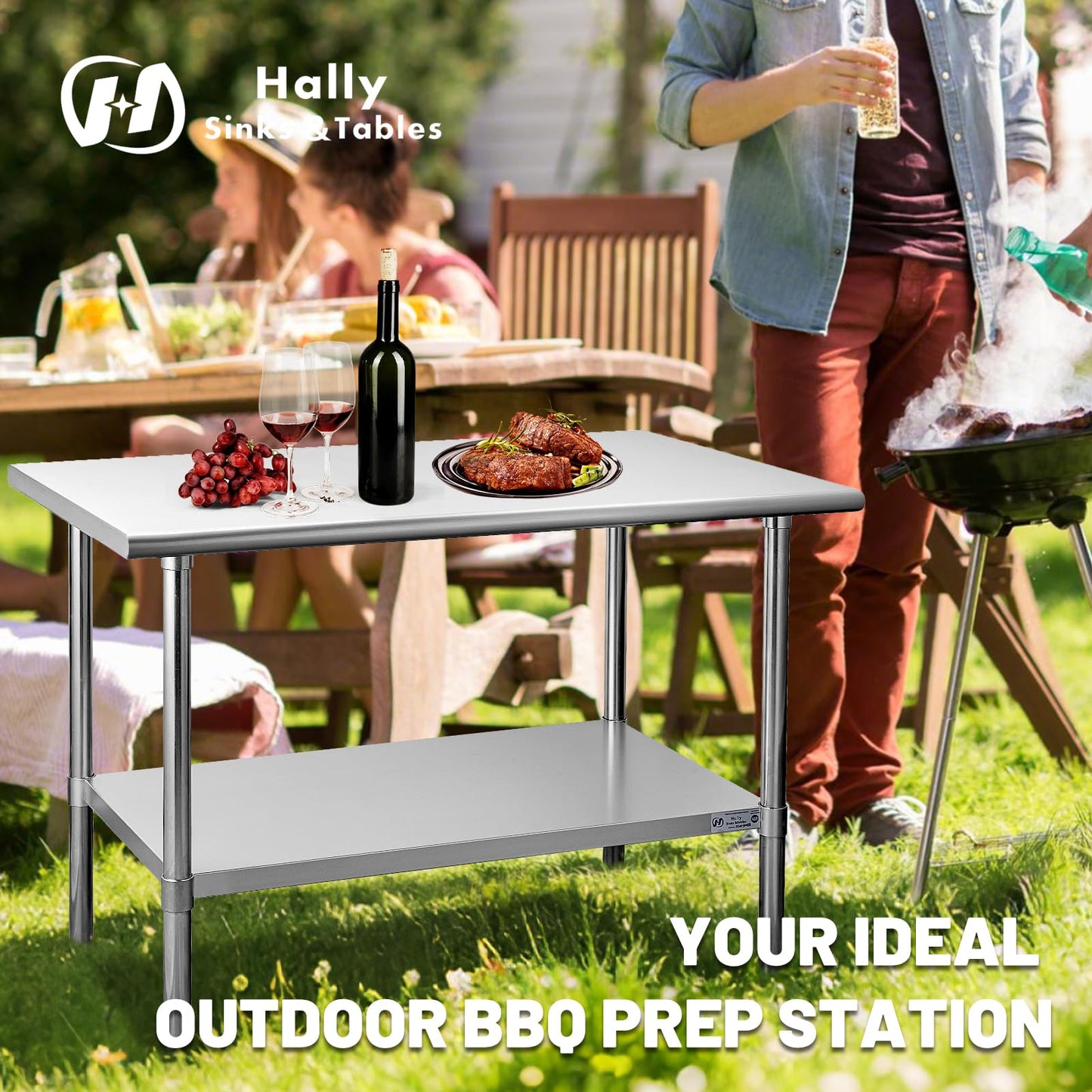 Hally Stainless Steel Table for Prep & Work 24 x 72 Inches, NSF Commercial Heavy Duty Table with Undershelf and Galvanized Legs for Restaurant, Home and Hotel