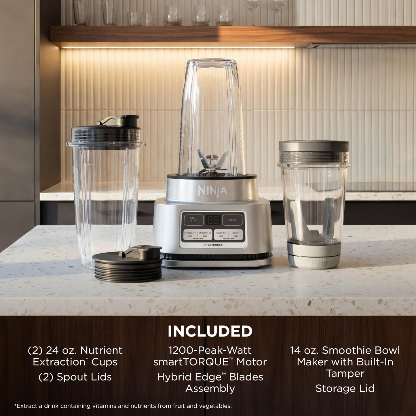 Ninja Foodi Blender | Personal Smoothie Maker, Mixer | Includes Hybrid Blades, (2) 24 oz. To-Go Cups with Lids, (1) 14 oz. Smoothie Bowl Maker with Storage Lid | Silver | 1200 Peak Watt | SS101