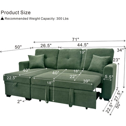 Eafurn 71" L Shaped Sectional Sleeper Sofa Bed with Pull Out Bed, Comfy Fabric Corner Sleeper Sectional Pull Out Couch with Tufted Backrest/Reversible Storage Chaise/2 Pillows