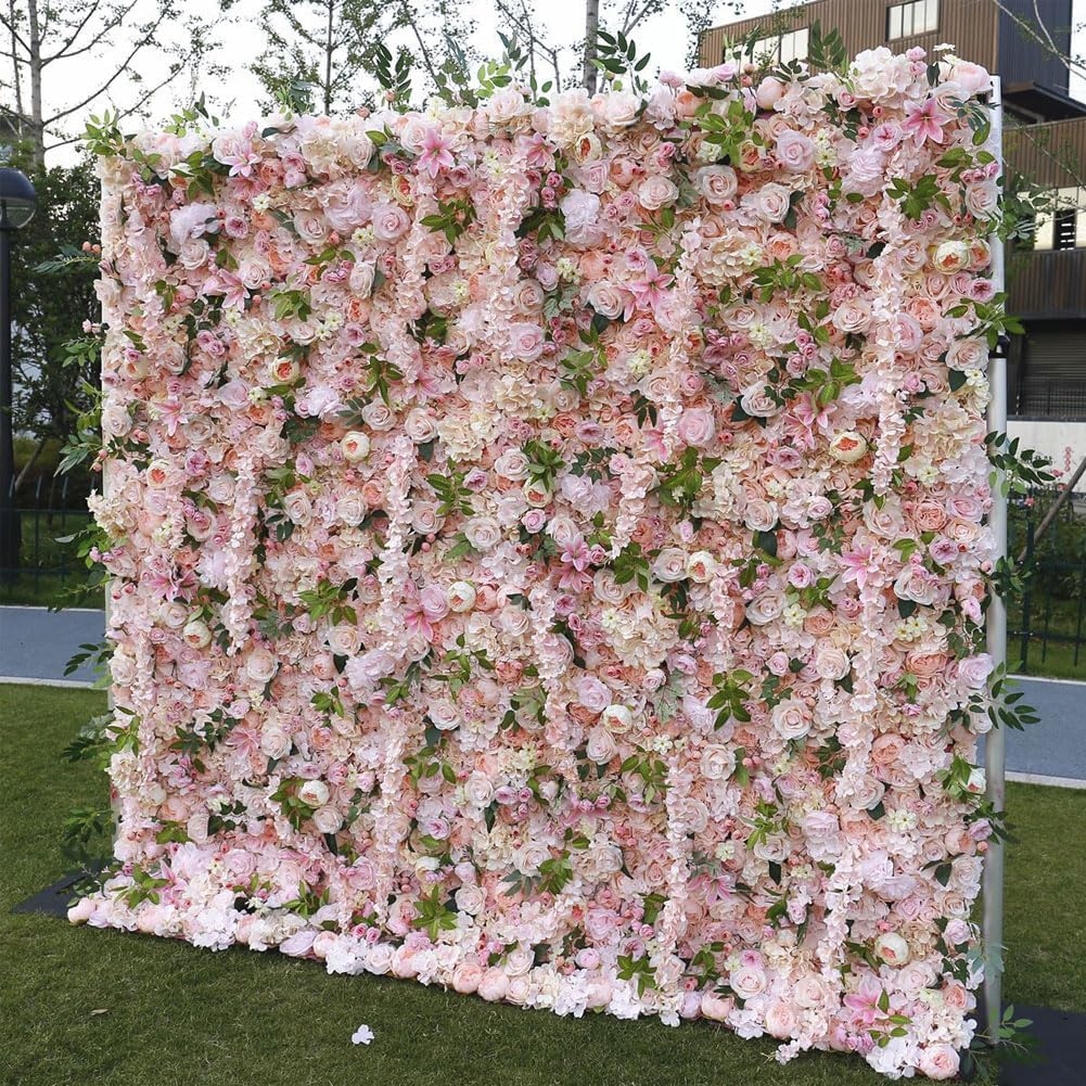 JIIPOREGJ Flower Wall Panel White & Roses Artificial Flower Backdrop for Wedding Party Flower Birthday Decorations,Hanging Artificial Flowers Wall Romantic Silk Ro