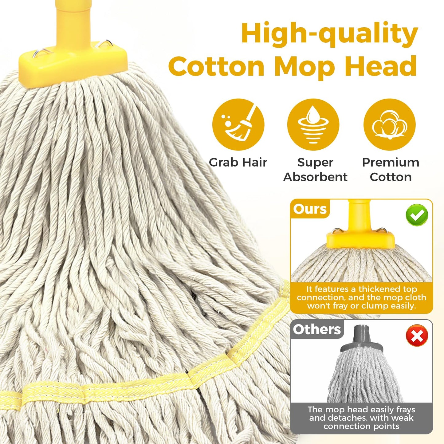 Indoor Mop with Strings for Floor Cleaning, Cotton Mops with 59” Long Handle Household String Mop for Hardwood Wood Tile Floors Cleaning,1 Mop Handle & 1 Cotton Mop Head