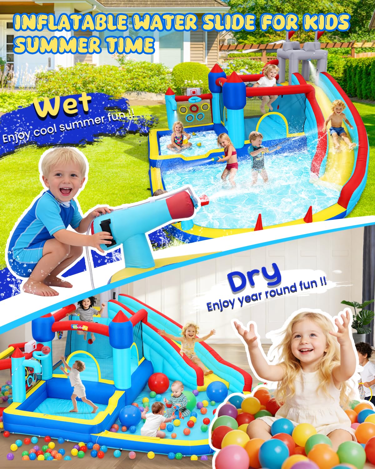 AKEYDIY Inflatable Water Bounce House, 15 x 14 FT Water Slide for Kids,Bouncy Castle Water Park with Deep Splash Pools,Water Cannon&Spray Belt,750W Blower,Ideal for Backyard/Party/Birthday