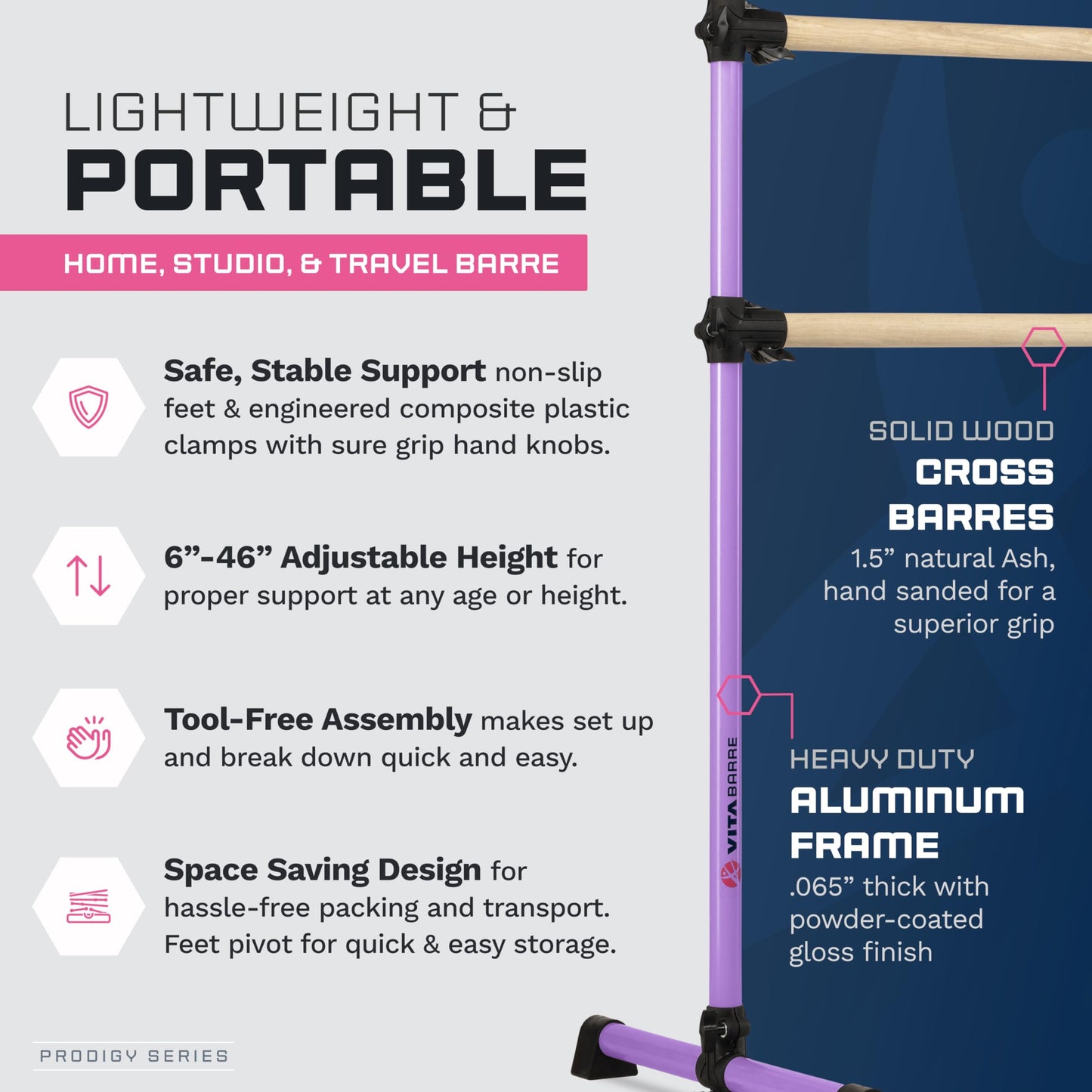 VITA Barre Portable Freestanding Double Ballet Barre, Prodigy, 4 Ft Bars, Purple, Wood, with Bag | Adjustable Height, USA Made, Home or Gym Exercise Equipment for Kids & Adults | Dance, Fitness
