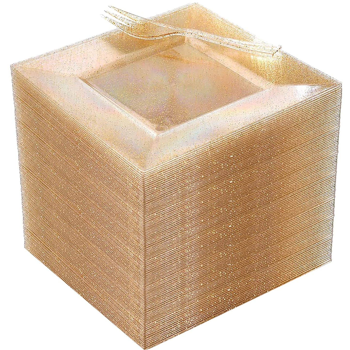 DaYammi 200Pcs Gold Dessert Plates Including 100Pcs Appetizer Plates 6",100Pcs Plastic Forks 5.7",Gold Glitter Plastic Square Plate for Party,Gold Salad Plate and Cake Forks for Party Wedding