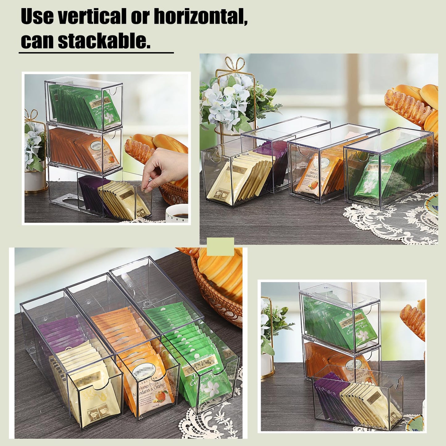 ELLDOO 3 Drawers Tea Bag Organizer, Clear Acrylic Stackable Tea Bag Storage Holder for Kitchen Pantry, Coffee Pod Snack Storage for Countertop Cabinet