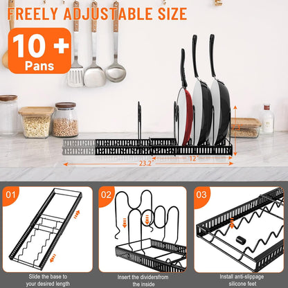 AHNR Expandable Pot and Pan Organizer Rack, 10+ Pots and Pans Lid Holder, Kitchen Cabinet Bakeware Organizer with 10