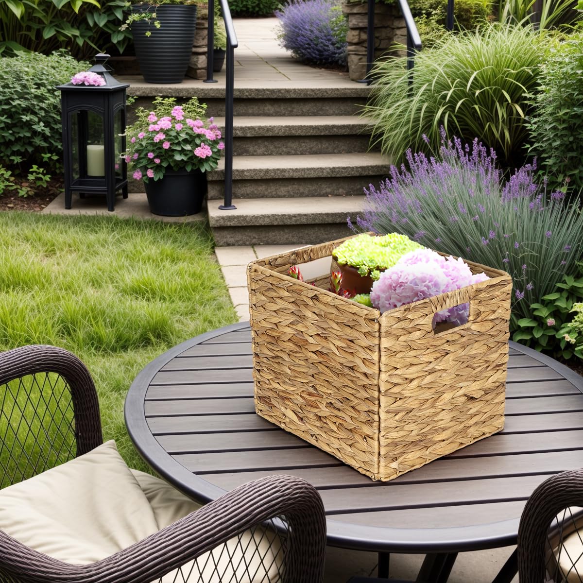 WEAVELYRICS Rectangular Storage Baskets 13x11in, 4 Pack Water Hyacinth Wicker Bins with Handles, Foldable Natural Organizer for Shelves Kitchen Closet, Handwoven Storage Cubes