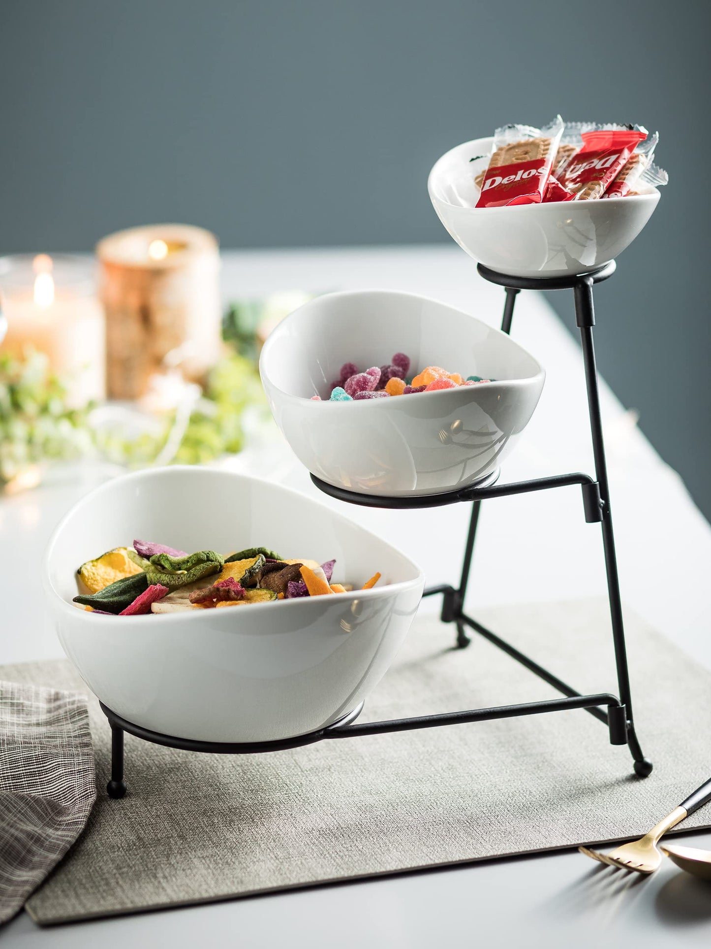 Miamolo 3 Tier Serving Bowls with Stand, Serving Dishes Chips and Dip Serving Set for Entertaining Party, Ceramic Serving Bowl Food Display for Fruit Salad Soup Snacks, Microwave & Dishwasher Safe