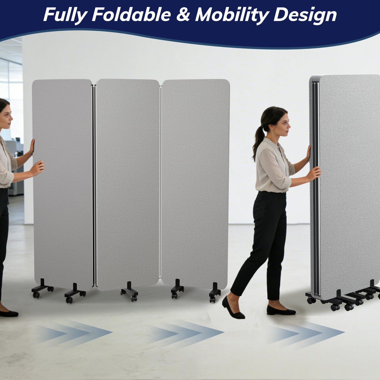 KERRAM 3 Panel Foldable Office Partitions, Mobile Cubicle Wall with Wheels, 71 x 66 Inch Noise Cancelling & Sound Proof Room Dividers Partition Wall, Aluminum Frame Gray