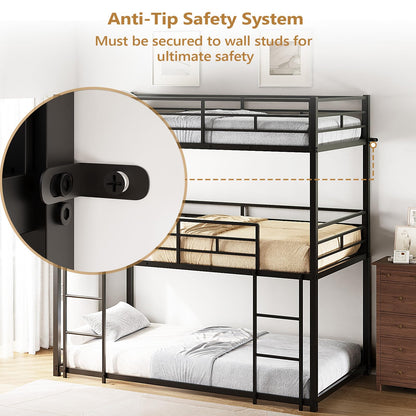 JOYMOR Triple Bunk Bed Twin Over Twin Over Twin, Metal 3 Bunk Bed for Kids, Teens and Adults, Heavy Duty Triple Bed Frame with Safety Guardrail, No Box Spring Needed
