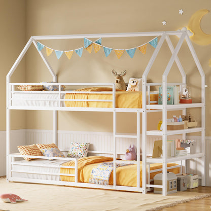 LIKIMIO Bunk Bed Twin Over Twin, Twin Bunk Beds Frame with 3-Tier Storage Bookshelf, Metal Twin House Bed Ladder and Safety Guardrail, Space Saving for Apartment or Dorm, No Box Spring Needed, White