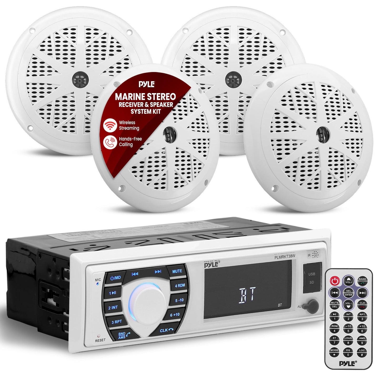 Pyle Marine Radio Receiver Speaker Set 12v Single Din Style Bluetooth Compatible Waterproof Digital Boat In Dash Console System with Mic 4 Speakers, Remote Control, Wiring Harness PLMRKT38W (White)
