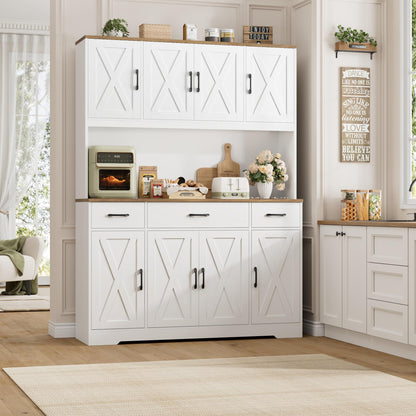 HOSTACK 71" Large Pantry Cabinet with Charging Station, 55" Wide Kitchen Pantry Storage with Drawers and Power Outlet, Tall Kitchen Hutch with Countertop for Kitchen, White