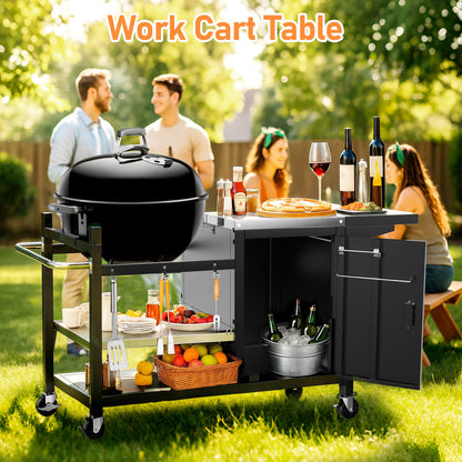 Utheer Grill Table Cart for Weber Kettle 22" Charcoal Grill, Big Green Egg, AKORN Jr – Oversized 47.7"x32.2" Surface (30% Larger) with 3-Level Adjustable Shelf, Storage Cabinet, Hooks & Towel Holder
