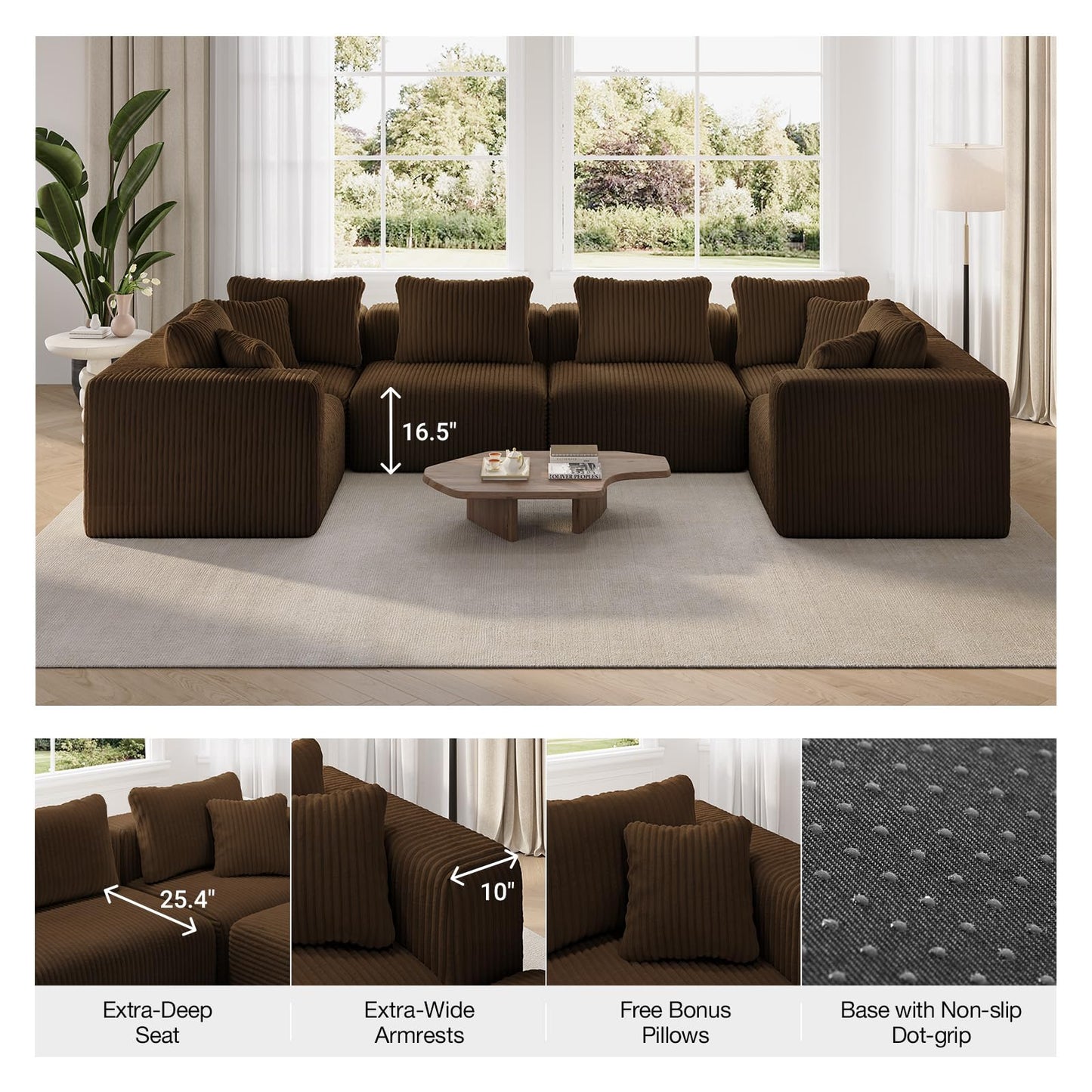 Novilla 106" Modular Sectional Sofa, Modern Cloud Sectional Couch with Smarts Coil® Support, U-Shape Boneless Couch for Living Room Apartments, No Assembly Required, Brown (3 Seat w/ 2 Ottoman)