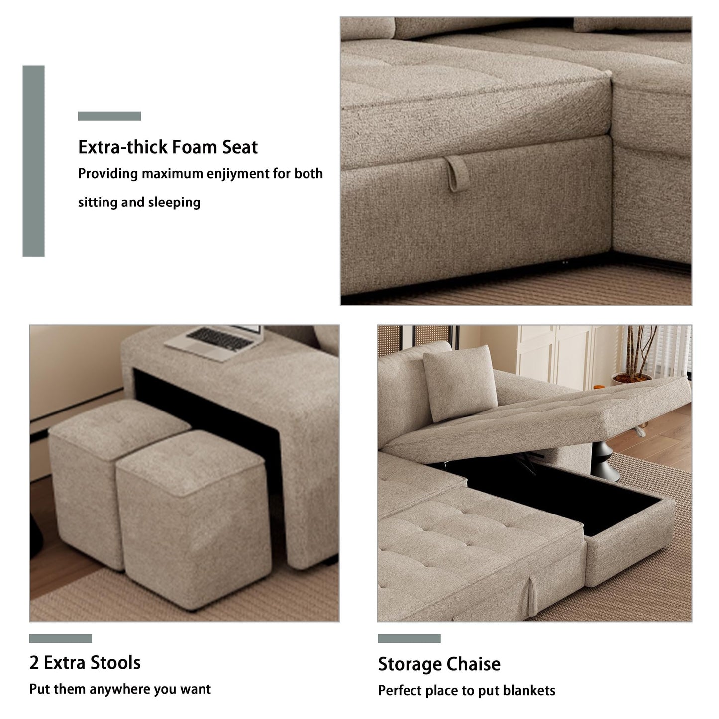 Merax 3 Seat Reversible Sectional Couch, Modern L-Shape Pull Out Sleeper Sofa with Storage Chaise and 2 Stools for Living Room Furniture Set, Cream