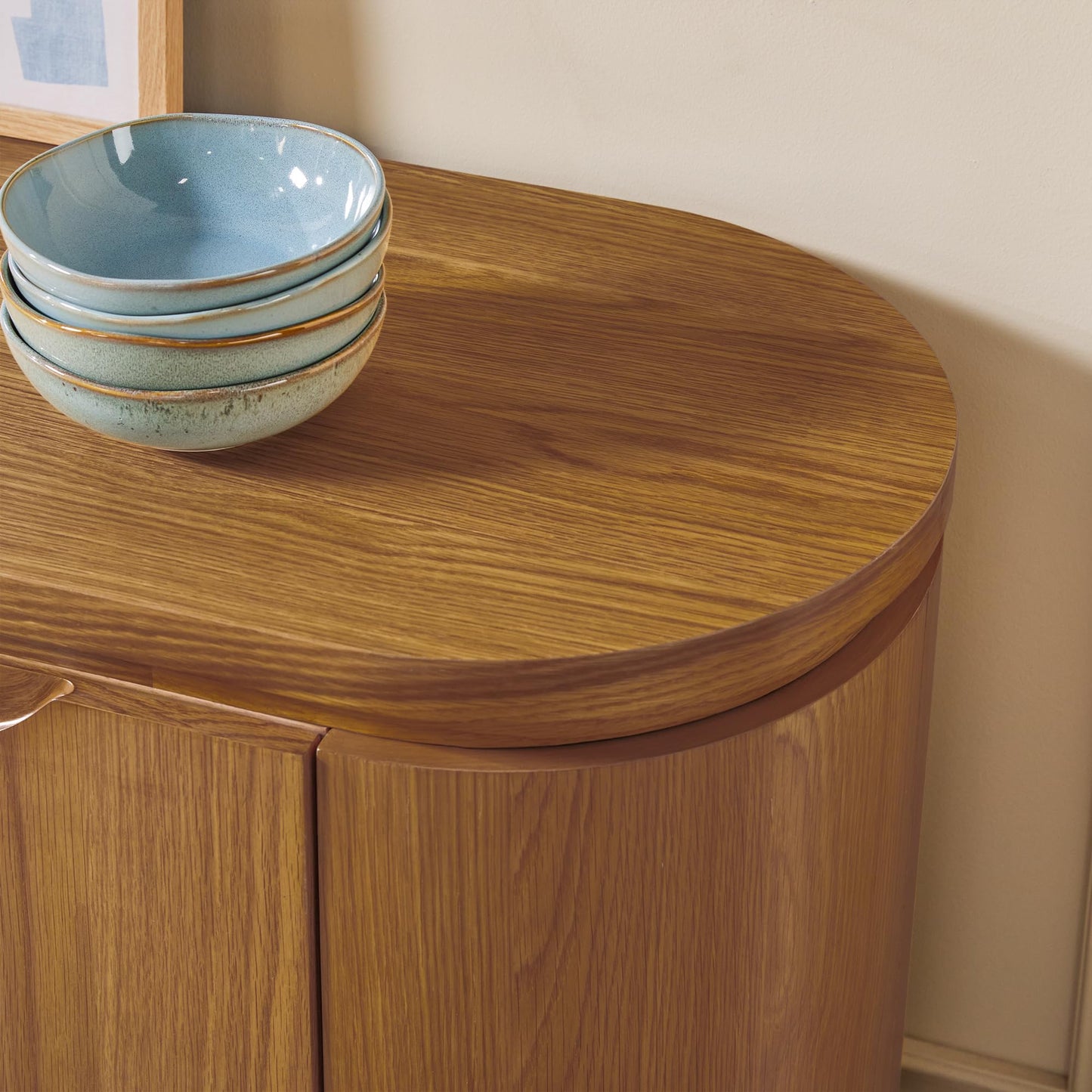 Walker Edison Maya Large Curved Modern Solid Oak Wood Veneer 70 Inch Sideboard TV Stand with Storage, Medium Brown Oak