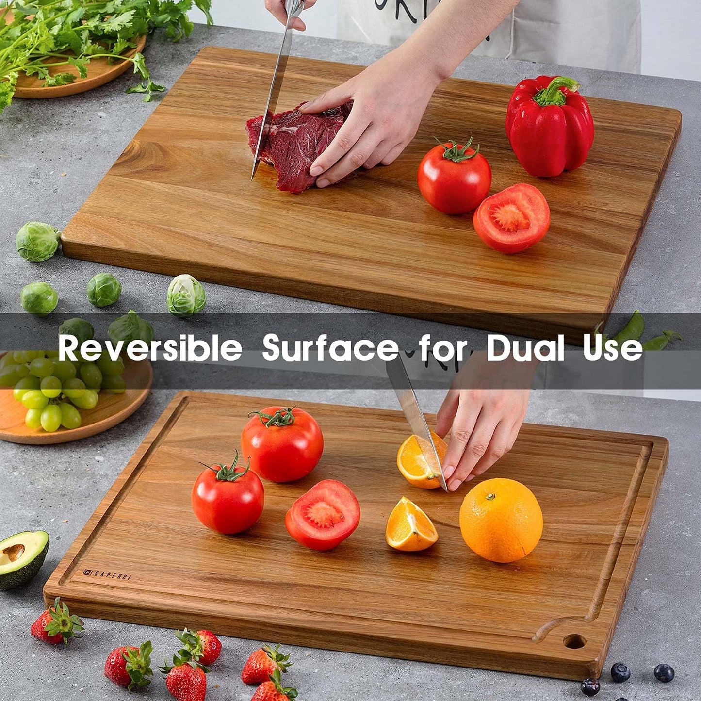 20 14 Inch Extra Large Acacia Wood Cutting Board x - Caperci Better Kitchen Chopping Board with Juice Groove & Handle