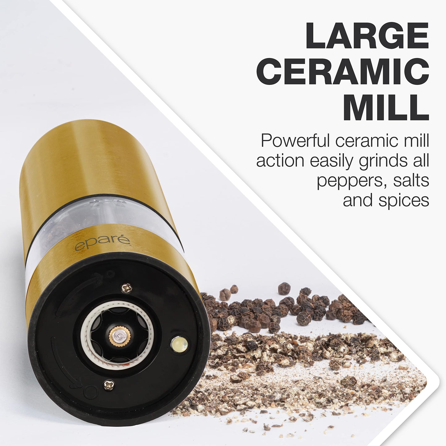 Eparé Bundle: Egg Cracker Topper Set & Salt or Pepper Grinder - Complete Soft Boiled Egg Tool Set & Battery Operated Ceramic Burr Stainless Steel Peppermill