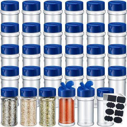 Eccliy 36 Pack 3 oz Clear Plastic Spice Jars with Label and Shaker Lids Empty Spice Bottles Seasoning Containers Seasoning Jars Shaker Condiment Pots for Pepper Herbs Powders(Blue)