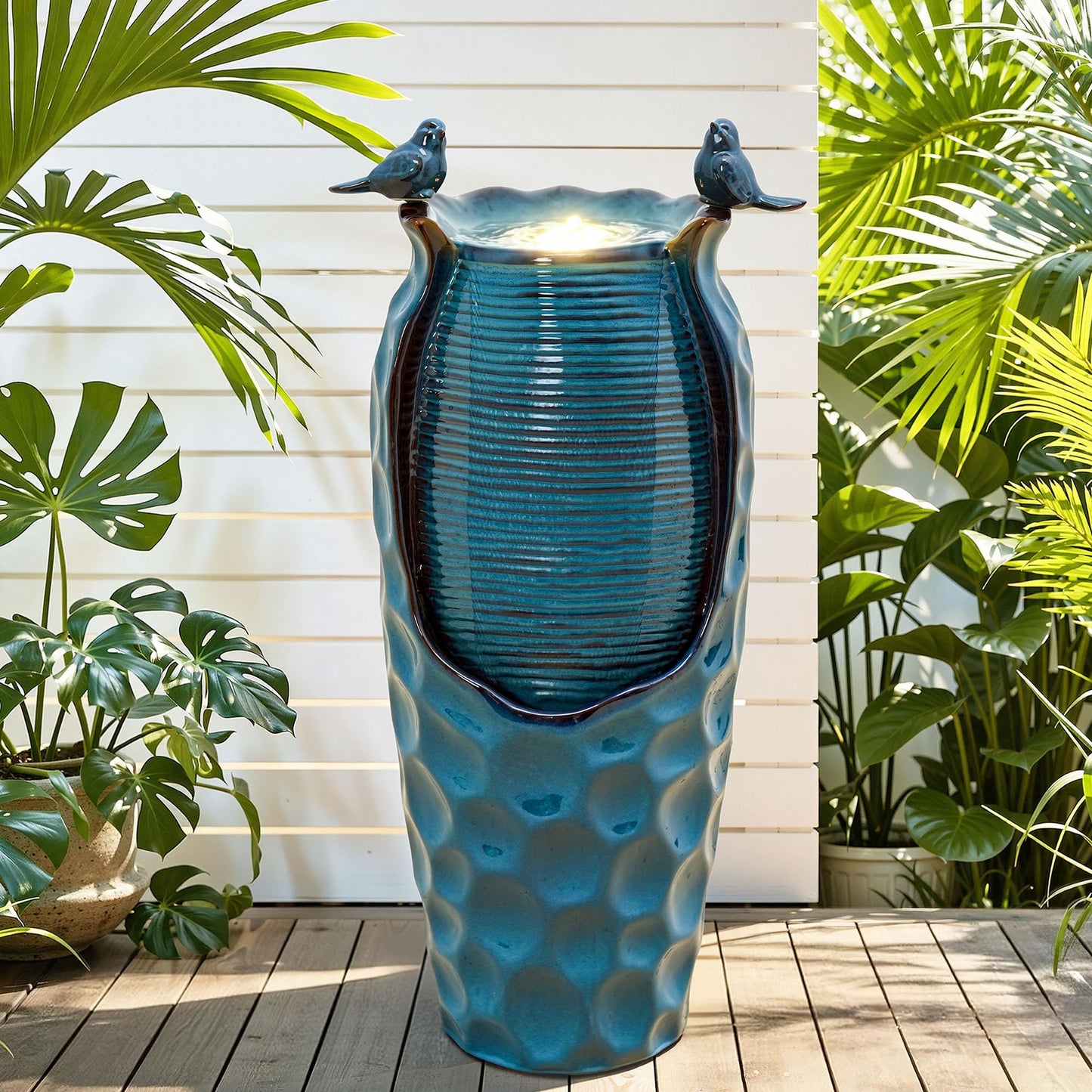 Autodaya 32.5" H Ceramic Jar Outdoor Fountain, Honeycomb Pot Water Feature with LED Lights, Soothing Trickling Waterfall for Garden, Patio, Yard, Balcony Oasis, KD Vivid Birds, Turquoise Glaze