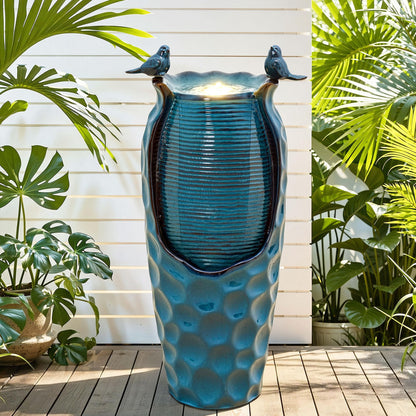 Autodaya 32.5" H Ceramic Jar Outdoor Fountain, Honeycomb Pot Water Feature with LED Lights, Soothing Trickling Waterfall for Garden, Patio, Yard, Balcony Oasis, KD Vivid Birds, Turquoise Glaze