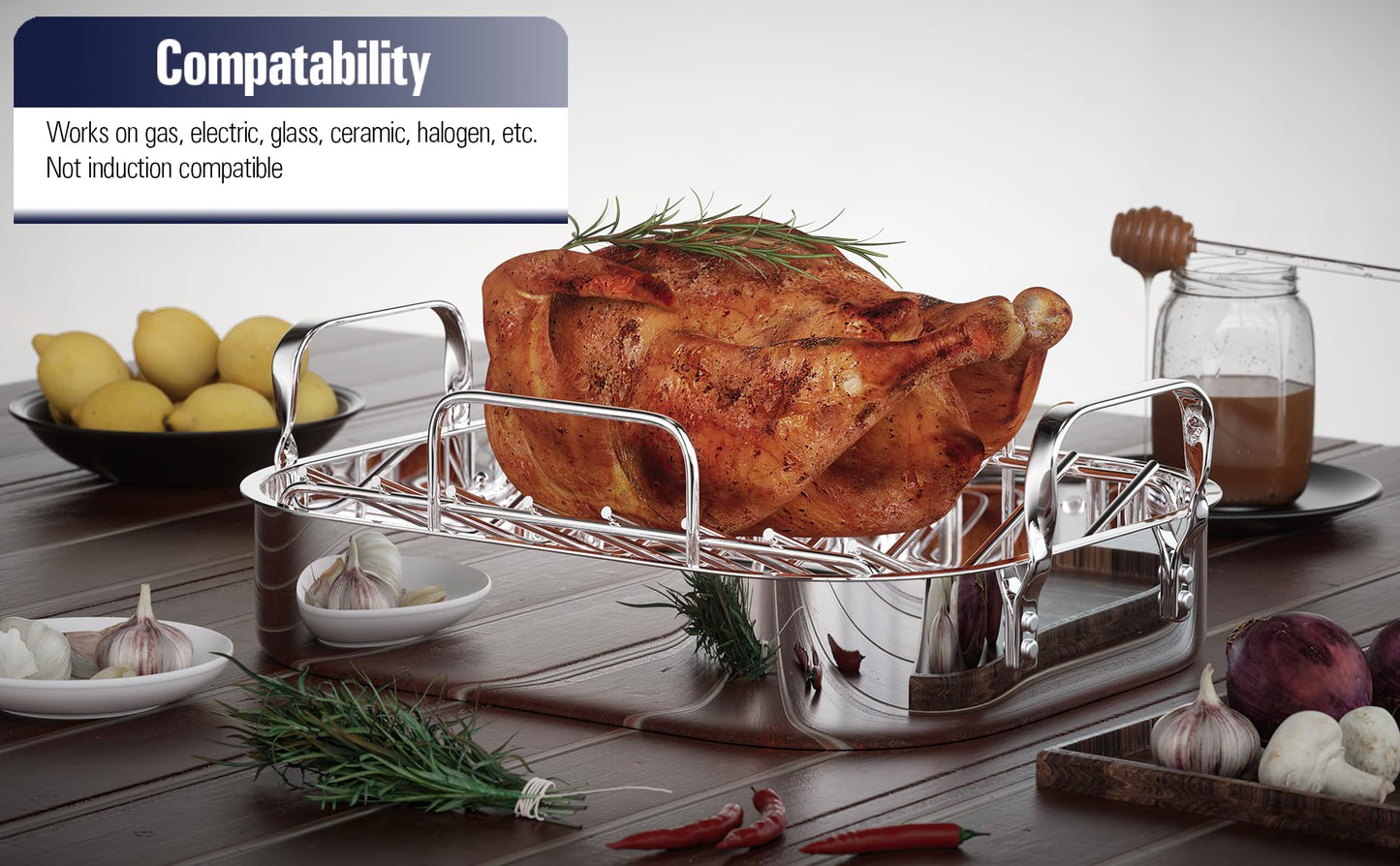 Cooks Standard Stainless Steel Roaster Pan with V-Shaped Rack, Inner 14-Inch x 11-Inch; Edge 15-Inch x 12-Inch; Turkey Roasting Pan Bakeware for Oven, Rectangular