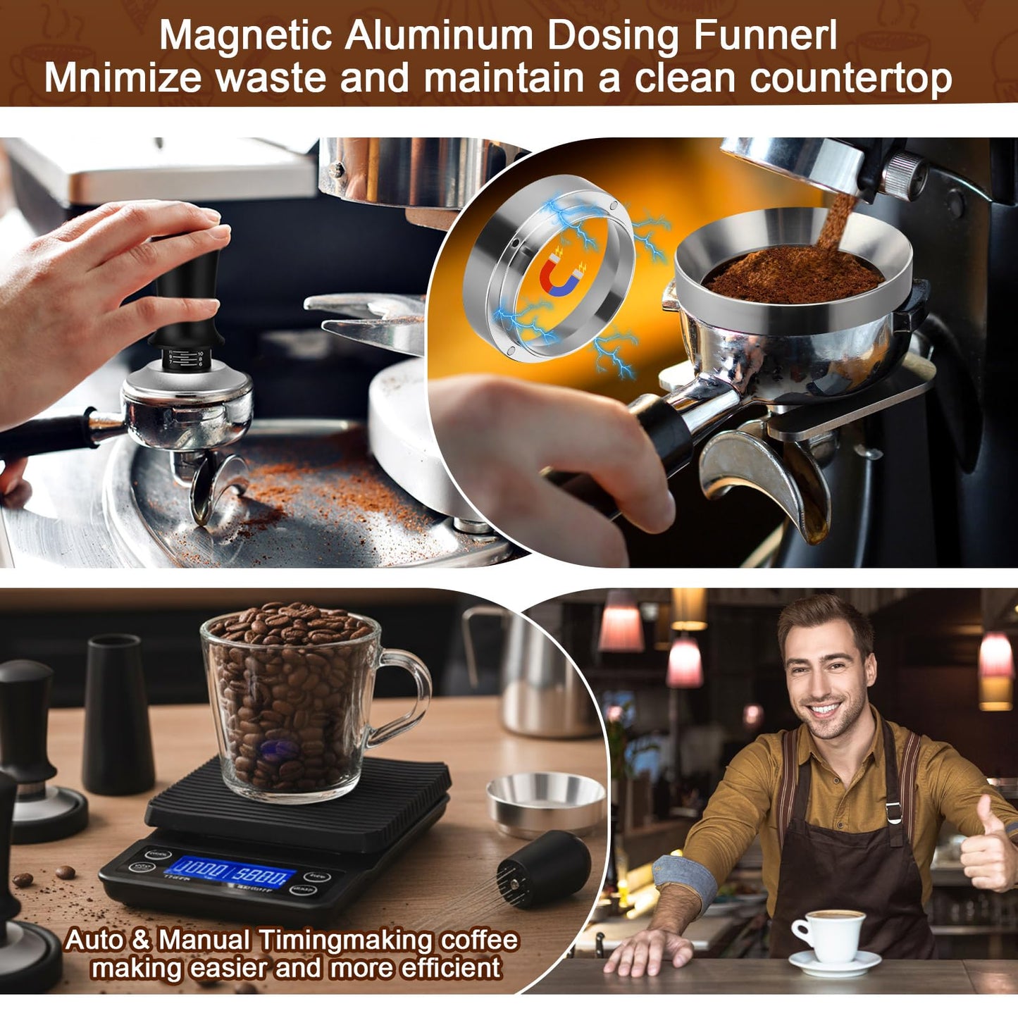 Acellegic 5 Pcs 51mm Espresso Accessories Kit, 3kg/0.1g Accurate Coffee Scale with Timer, Coffee Distributor Spring Loaded Calibrated Tamper WDT Tool and Dosing Funnel Set Fits 51mm Espresso Machines