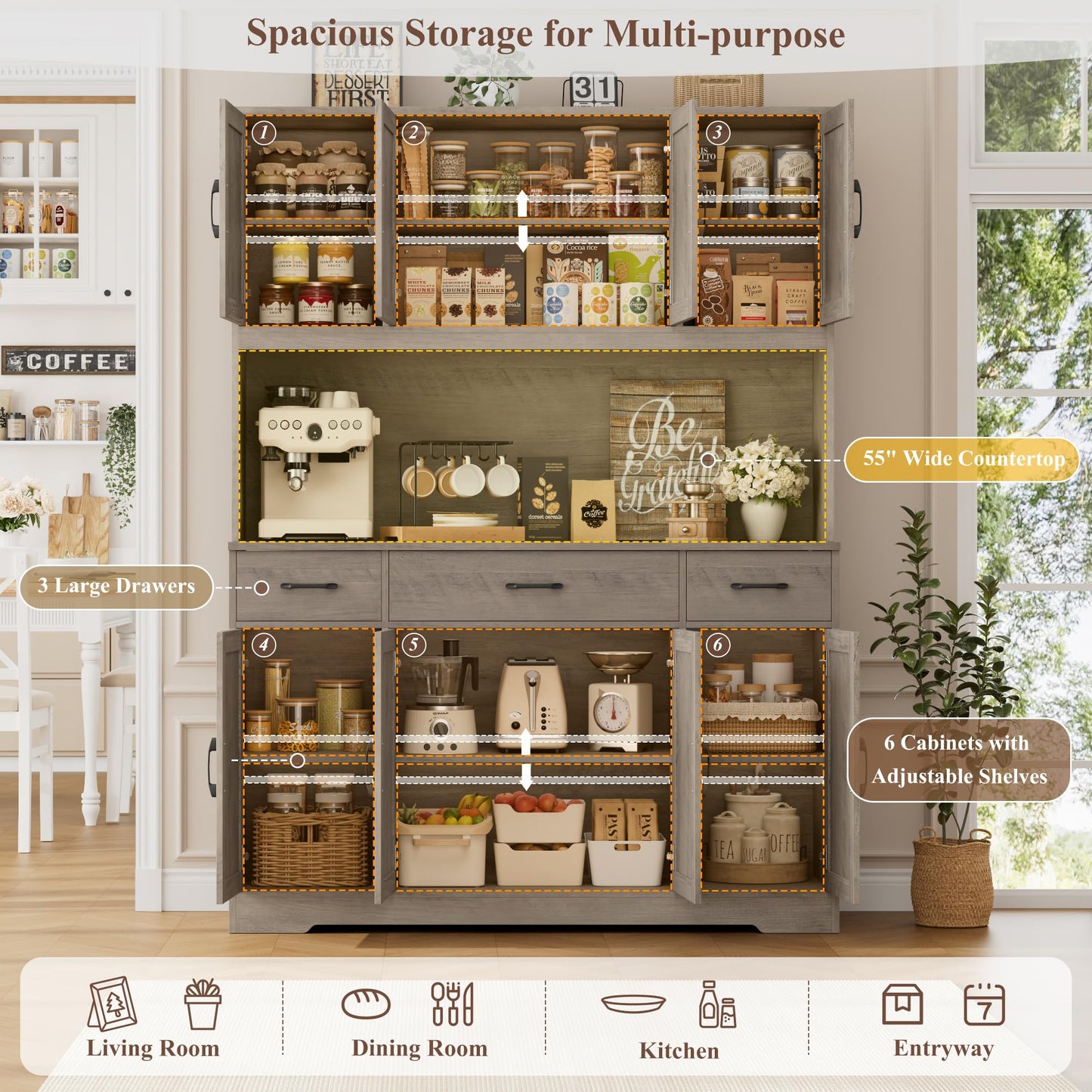 HOSTACK 71" Tall Pantry Cabinet with Charging Station, 55" Wide Kitchen Pantry Storage Cabinet with Countertop, Large Kitchen Hutch with Storage Drawers and Microwave Stand for Dining Room, Ash Grey