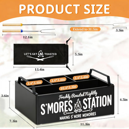 Farmhouse Smores Station, Wooden Smores Caddy with Handles, S'Mores Bar Holder with 5Pcs Extendable Smores Sticks, Smores Maker Box for Smores Kit, Outdoor Fire Pit Camping Essentials Cooking (Black)
